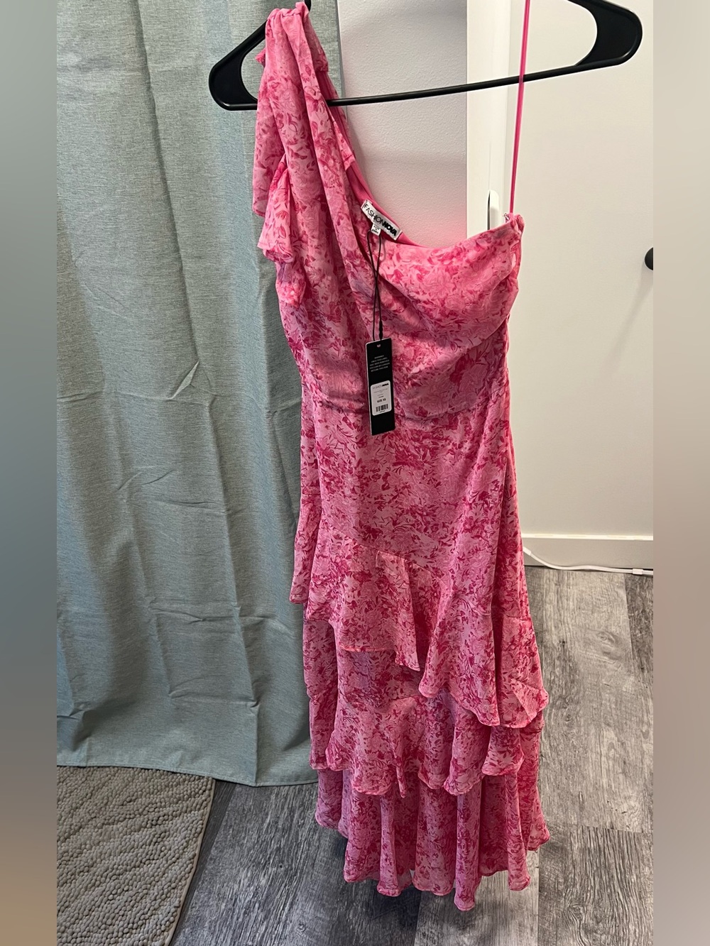 Fashion Nova Pink Floral One-Shoulder Ruffle Maxi